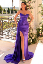 Vestido de fiesta sexy, sencillo, largo, morado, sin tirantes, de satén, con abertura