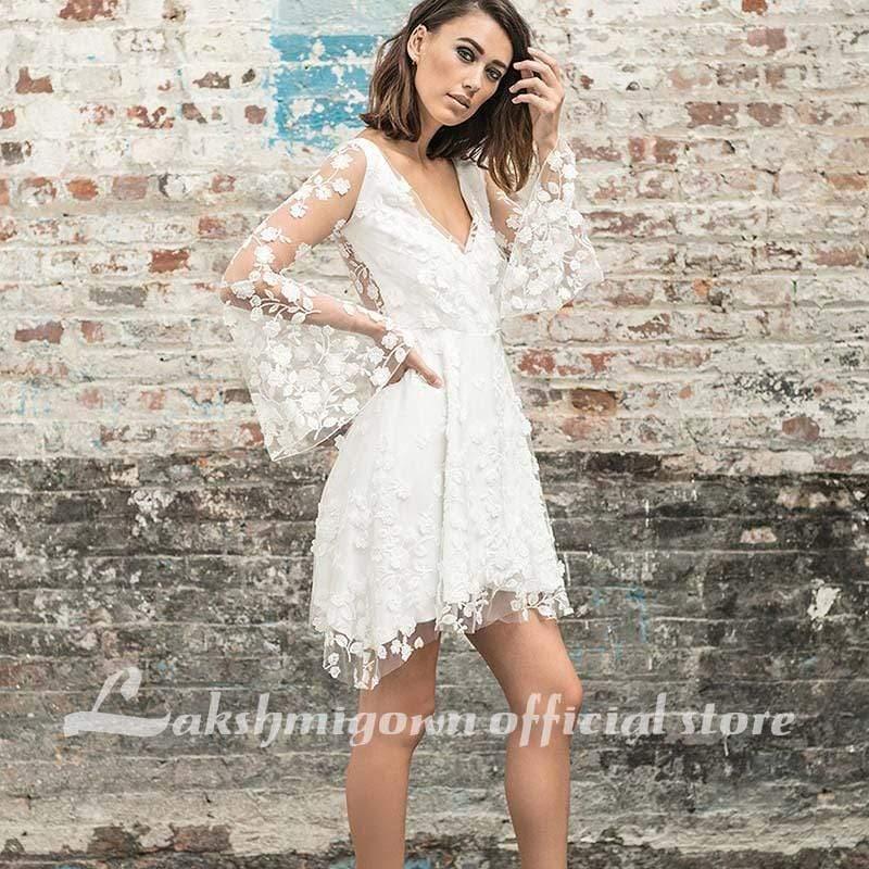 Vestidos de novia sencillos de NumberSea, nuevos, con corte A, encaje, cortos, hasta la rodilla y transparencias