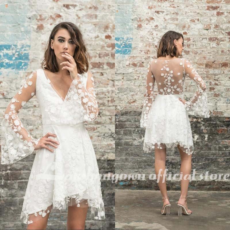 Vestidos de novia sencillos de NumberSea, nuevos, con corte A, encaje, cortos, hasta la rodilla y transparencias
