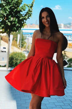 Vestido de fiesta formal corto, sencillo, de satén rojo, sin tirantes, PD376