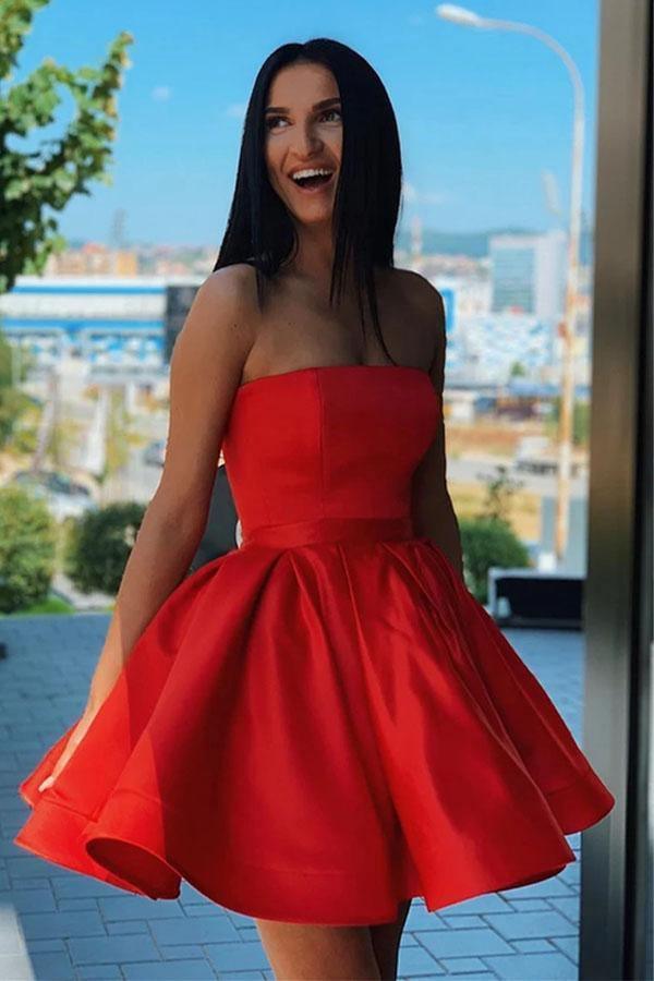 Vestido de fiesta formal corto, sencillo, de satén rojo, sin tirantes, PD376