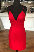 Vestido mini de fiesta rojo con tirantes y escote en V, sencillo, para regreso a casa