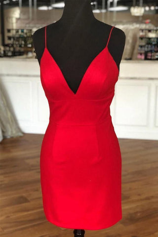 Simple Sheath V Neck Straps Red Mini Party Dress Homecoming Dress