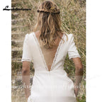 Vestidos de novia sencillos de NumberSea con escote en V, cola larga y manga corta para playa