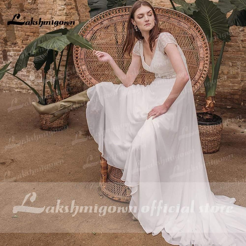 Vestidos de novia NumberSea sencillos de gasa con escote en V, manga corta y encaje, espalda descubierta