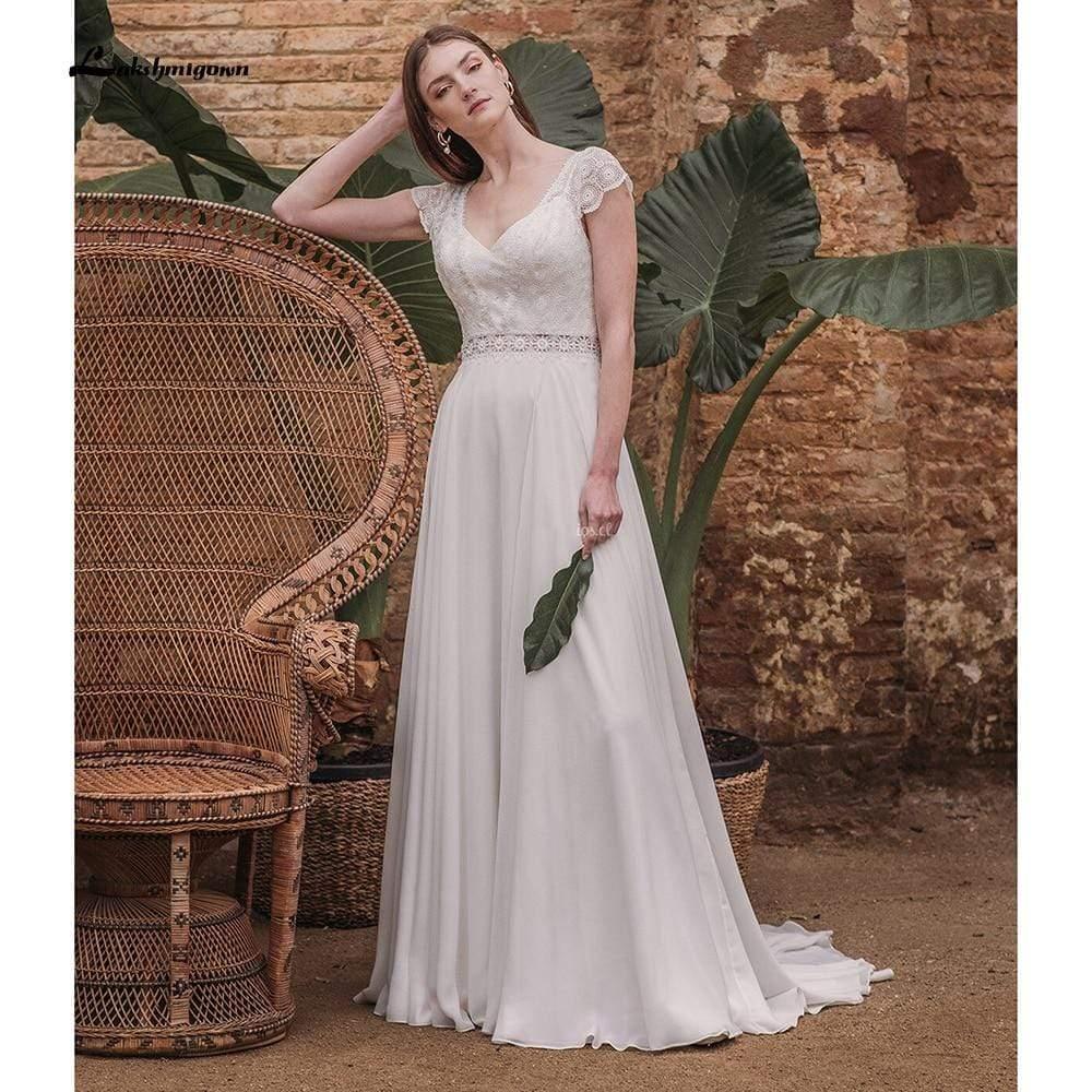 Vestidos de novia NumberSea sencillos de gasa con escote en V, manga corta y encaje, espalda descubierta