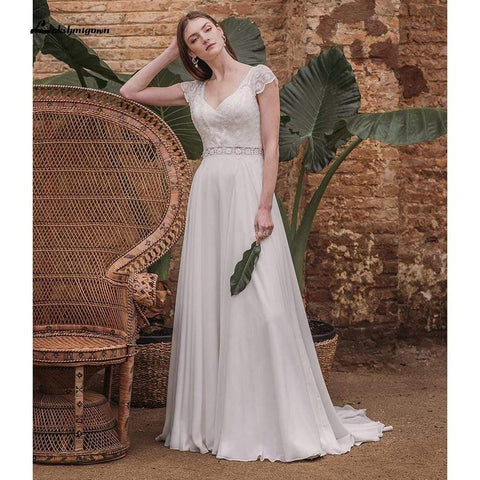 NumberSea Simple Short Sleeve V Neck Lace Top Chifffon Backless Wedding Dresses