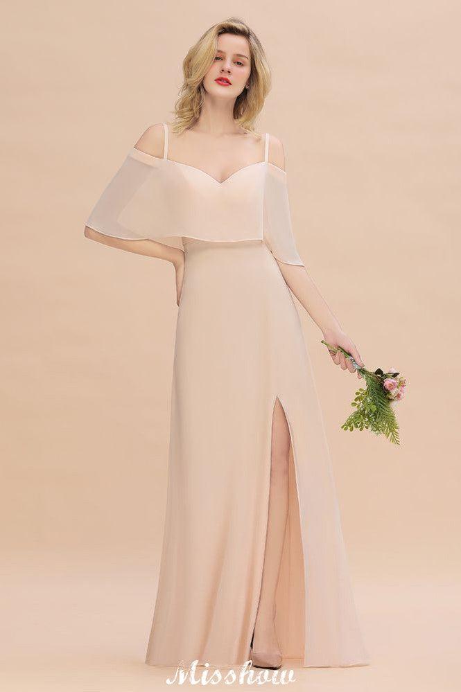 Simple Spaghetti Straps Tiered Bridesmaid Dresses | Side Slit A-Line Sleeveless Evening Maxi Dresses