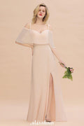 Simple Spaghetti Straps Tiered Bridesmaid Dresses | Side Slit A-Line Sleeveless Evening Maxi Dresses