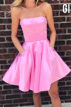 Simple Strapless Short Prom Dress Yellow Homecoming Dress with Pockets