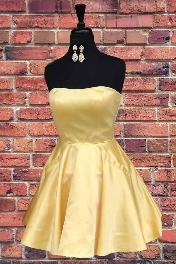 Simple Strapless Short Prom Dress Yellow Homecoming Dress with Pockets