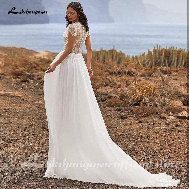 Vestido de novia sencillo NumberSea de gasa con encaje suave y corte en A y manga corta