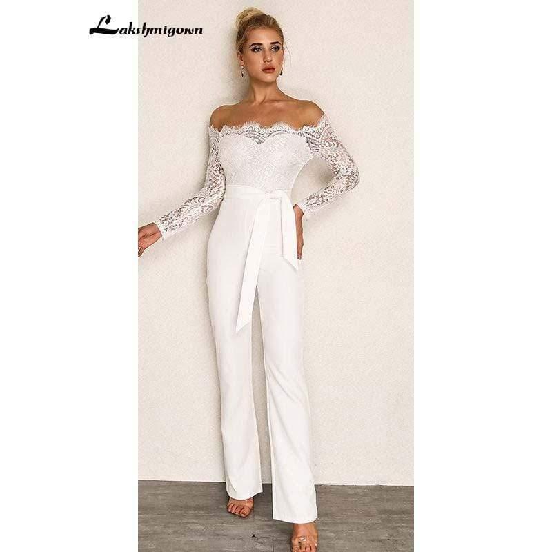 Monos sencillos de encaje blanco NumberSea para vestidos de novia, traje de pantalón de manga larga