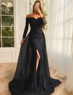 Mermaid Evening Gown Floral Carnival Dress Formal Wedding Sweep / Brush Train Long Sleeve Off Shoulder Fall Wedding Reception Chiffon with Slit Appliques