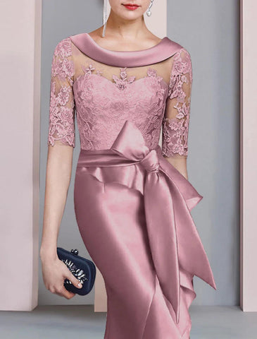 Meerjungfrau/Trompete Kleid für die Brautmutter, formelle Kleider für Hochzeitsgäste im Herbst, elegant, hoch und tief, Rundhalsausschnitt, Schleppe/Pinselzug, asymmetrisch, Satin, Spitze, halbe Ärmel mit Schleife(n), Applikationen