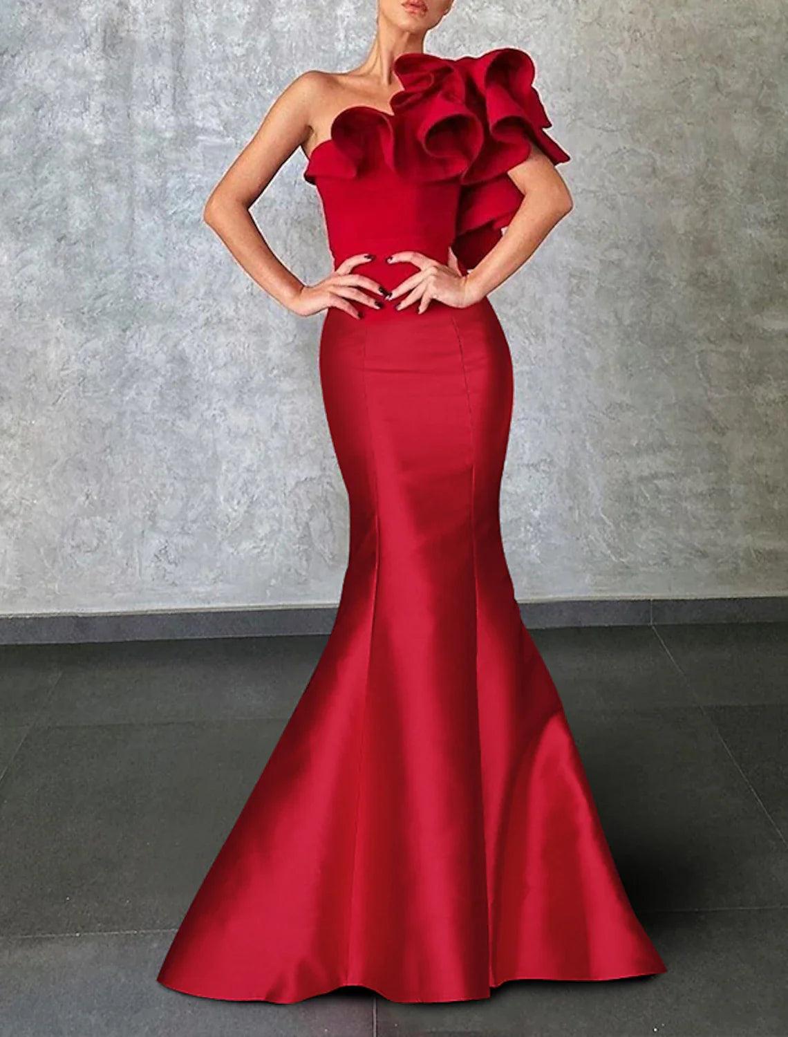 Meerjungfrau Schwarzes Kleid Weihnachten Rot Grünes Kleid Abendkleid Korsettkleid Weihnachten Rot Grünes Kleid Formelle Hochzeitsgast-Bodenlänge Ärmellos Einschulter Taft mit Rüschen Schulterblume