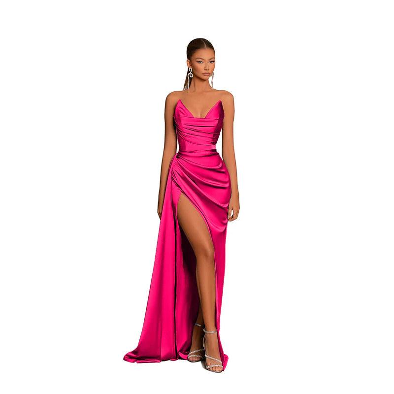 Vestido de fiesta sin mangas, plisado y sin tirantes de satén