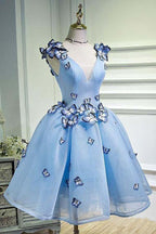 Vestidos de fiesta azul cielo con apliques de mariposa, vestido de fiesta corto