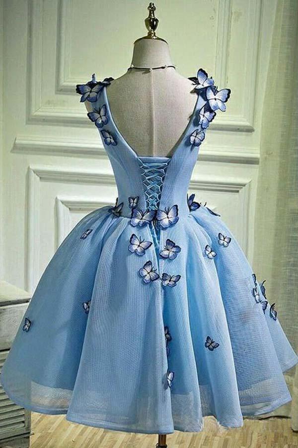 Vestidos de fiesta azul cielo con apliques de mariposa, vestido de fiesta corto