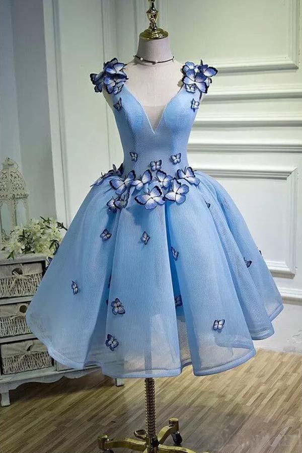 Vestidos de fiesta azul cielo con apliques de mariposa, vestido de fiesta corto