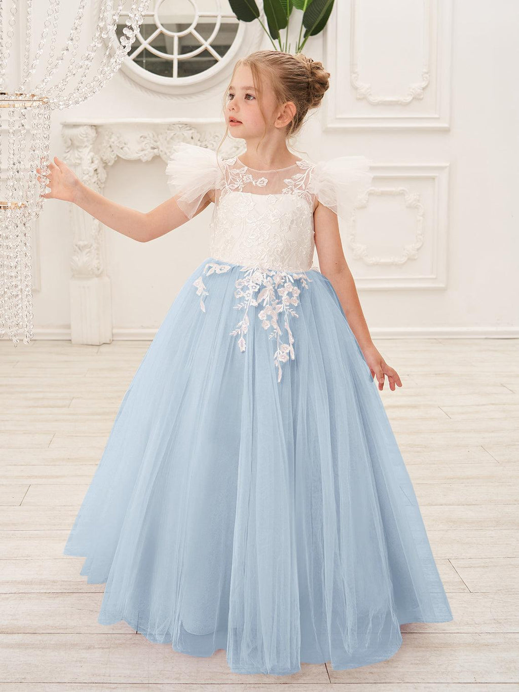 Abnehmbares Blumenmädchenkleid aus Spitze und Tüll mit Schleppe 
