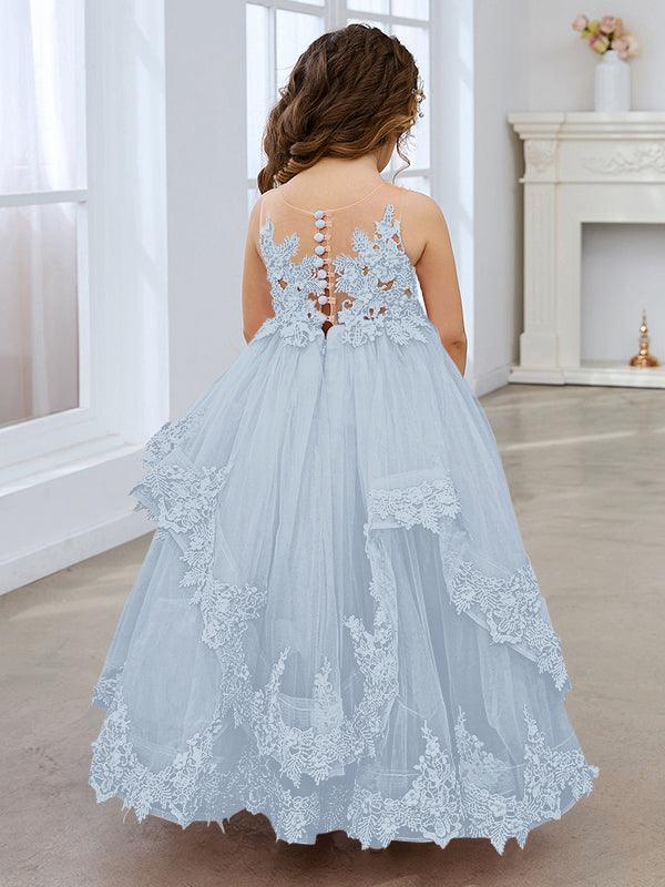 Vestido de princesa de tul sin mangas con apliques de encaje y cola larga para niñas 