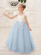 Vestido de niña de las flores con cola larga y tul con encaje desmontable 