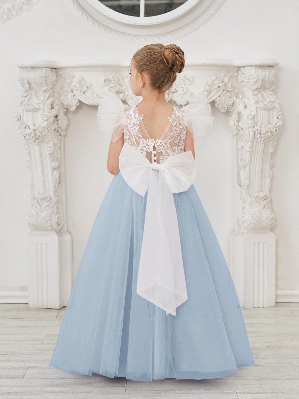 Vestido de niña de las flores con cola larga y tul con encaje desmontable 
