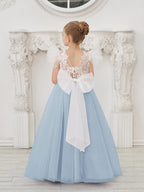 Vestido de niña de las flores con cola larga y tul con encaje desmontable 