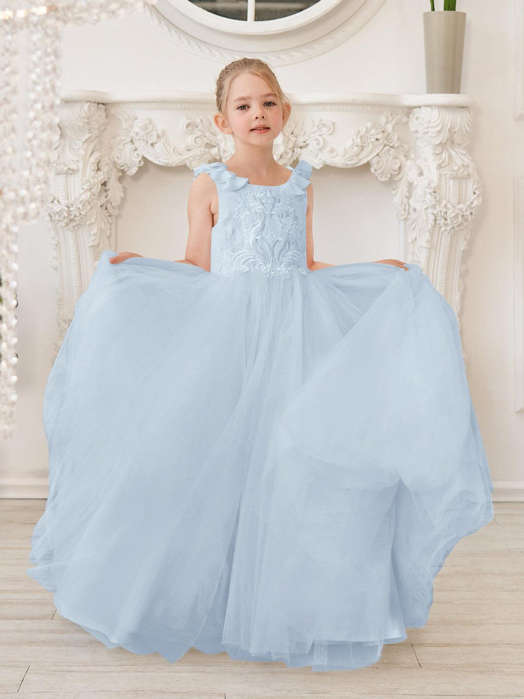 Elegante vestido de niña de las flores de tul blanco con cola larga 