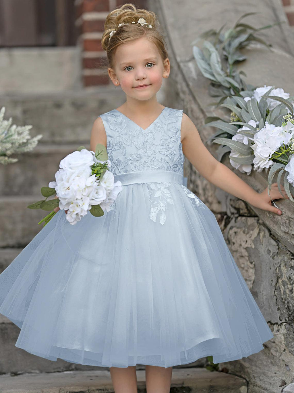Vestido de niña de las flores sin mangas con encaje de tul hasta la rodilla 