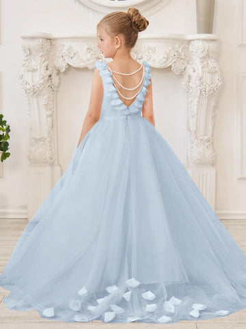 Elegantes weißes Tüllkleid für Blumenmädchen mit Schleppe 