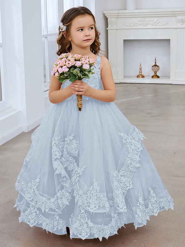 Vestido de princesa de tul sin mangas con apliques de encaje y cola larga para niñas 