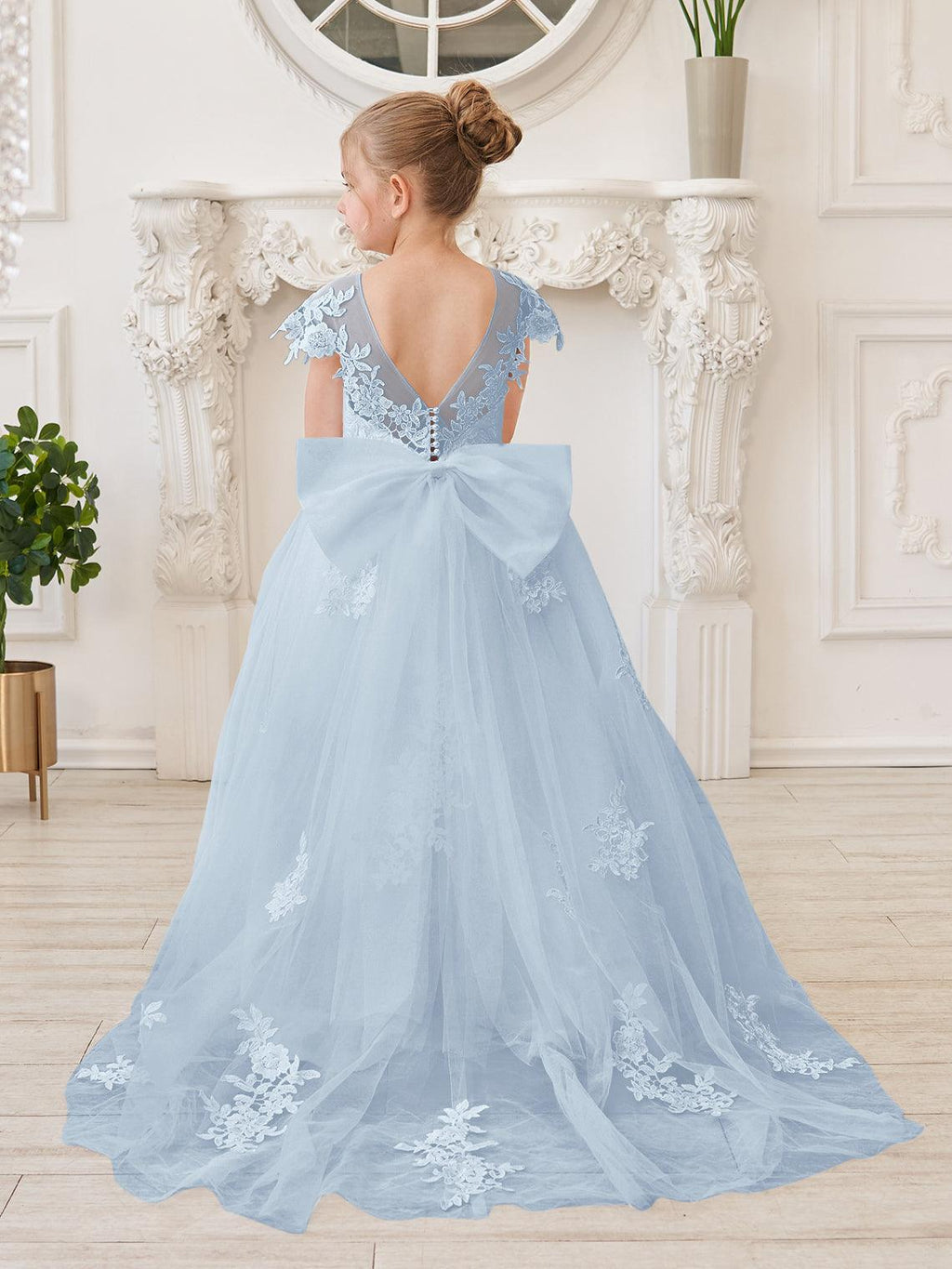 Vestido de princesa para primera comunión de niña de las flores, color marfil, con cola desmontable 