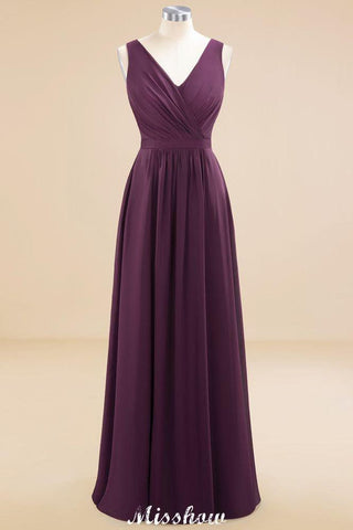 Sleeveless A-line Chiffon Bridesmaid Dress Floor-Length V-Neck Party Gown
