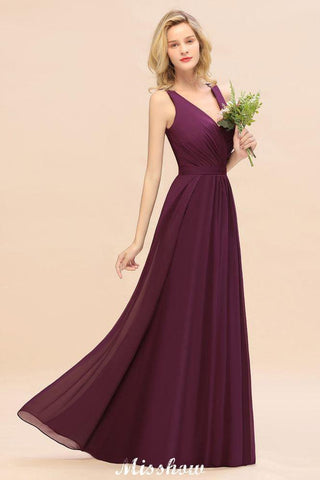 Sleeveless A-line Chiffon Bridesmaid Dress Floor-Length V-Neck Party Gown