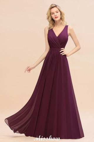 Sleeveless A-line Chiffon Bridesmaid Dress Floor-Length V-Neck Party Gown