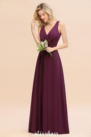 Sleeveless A-line Chiffon Bridesmaid Dress Floor-Length V-Neck Party Gown
