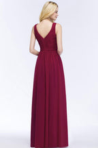 Ärmelloses A-Linien-Brautjungfernkleid mit V-Ausschnitt und Rüschen aus Chiffon, bodenlanges Partykleid