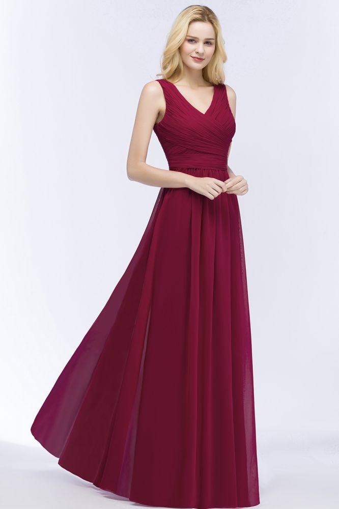 Ärmelloses A-Linien-Brautjungfernkleid mit V-Ausschnitt und Rüschen aus Chiffon, bodenlanges Partykleid