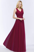 Ärmelloses A-Linien-Brautjungfernkleid mit V-Ausschnitt und Rüschen aus Chiffon, bodenlanges Partykleid