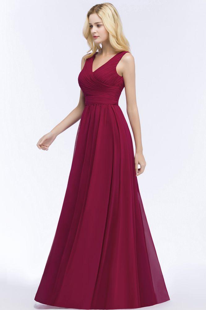 Ärmelloses A-Linien-Brautjungfernkleid mit V-Ausschnitt und Rüschen aus Chiffon, bodenlanges Partykleid