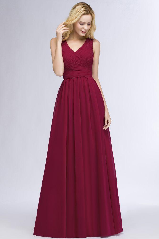 Ärmelloses A-Linien-Brautjungfernkleid mit V-Ausschnitt und Rüschen aus Chiffon, bodenlanges Partykleid