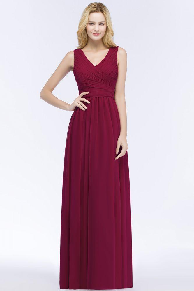 Ärmelloses A-Linien-Brautjungfernkleid mit V-Ausschnitt und Rüschen aus Chiffon, bodenlanges Partykleid