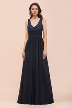 Ärmelloses schwarzes A-Linien-Abend-Maxikleid aus Chiffon, Brautjungfernkleid, formelles Kleid