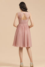 Sleeveless Crew neck Lace Chiffon Party Dress Mini Bridesmaid Dress