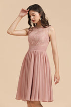 Sleeveless Crew neck Lace Chiffon Party Dress Mini Bridesmaid Dress