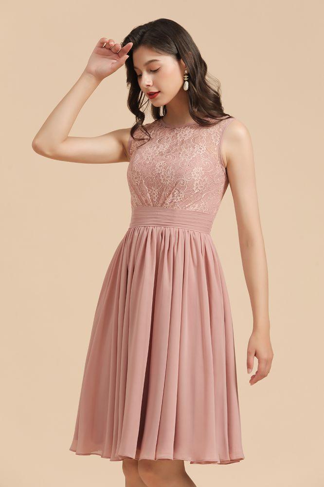 Sleeveless Crew neck Lace Chiffon Party Dress Mini Bridesmaid Dress