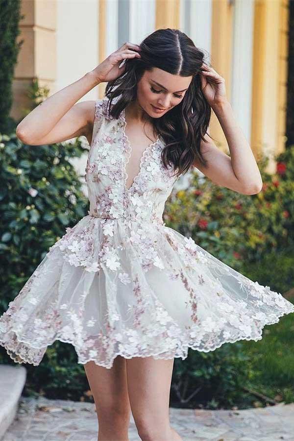 Vestido de fiesta elegante, corto, sin mangas, con flores, corte A, para regreso a casa