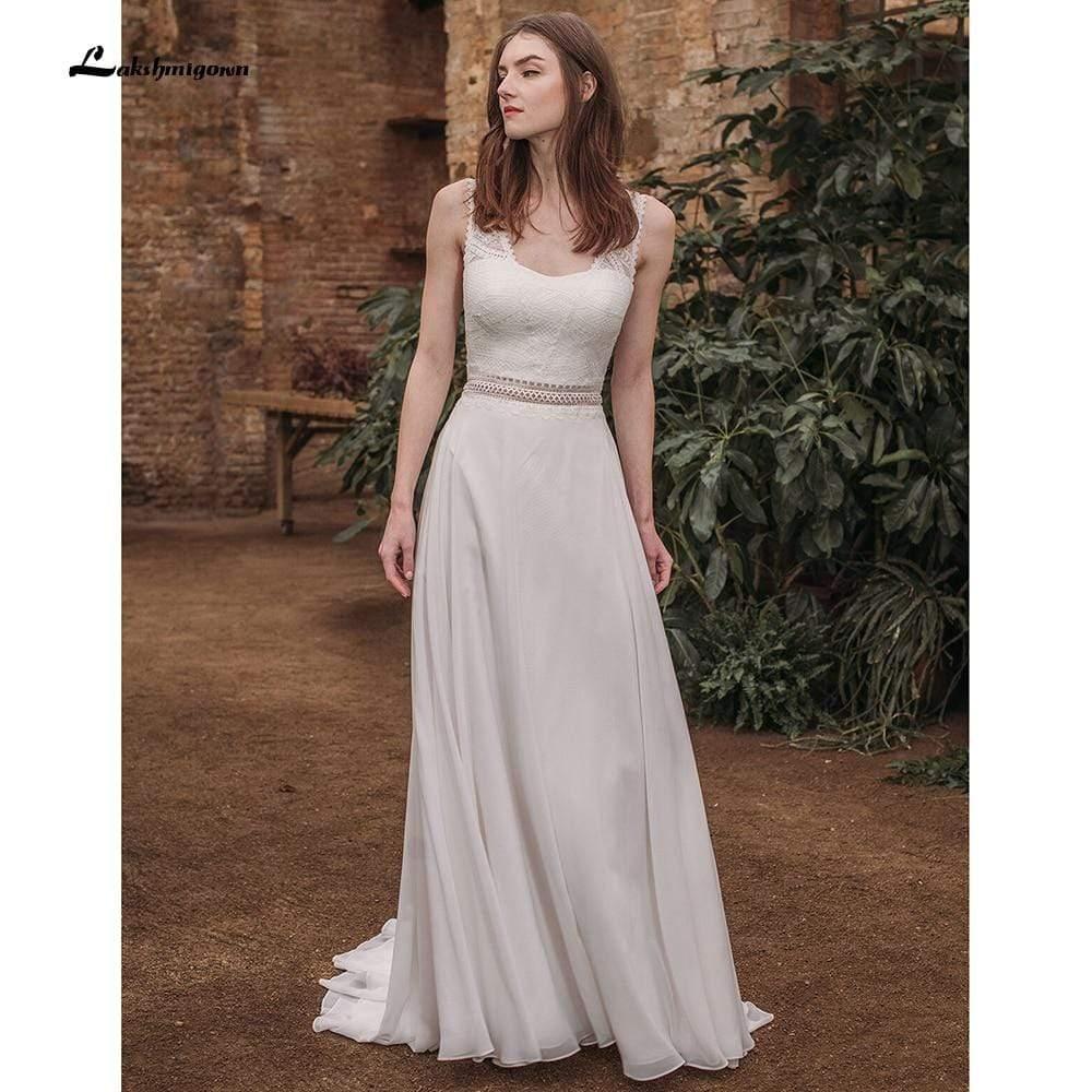 Vestidos de novia NumberSea de gasa con escote en V y encaje, sin mangas y espalda abierta